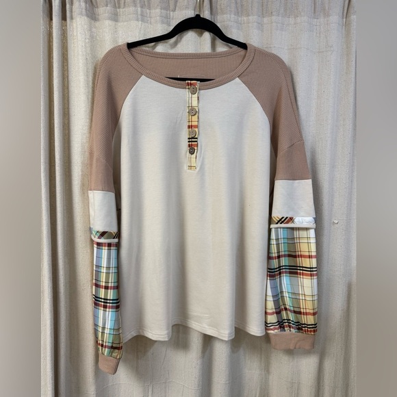 NWT, Waffle Knit Tee Over Long Sleeves, Plaid Pattern, Button Front - Picture 1 of 4